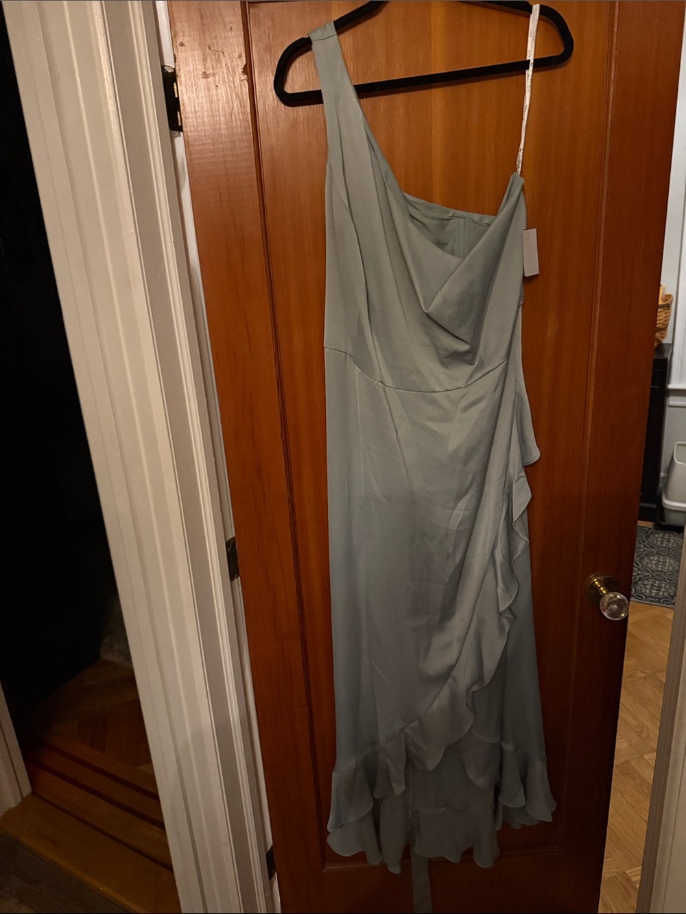 David's Bridal One-Shoulder Dress in Sage